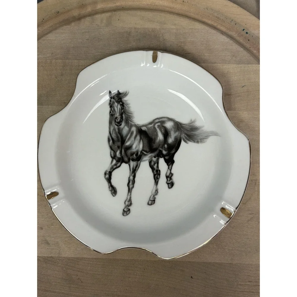 Vintage‎ White Porcelain Horse Ashtray Round Gold Trim Equestrian Decor Smoking